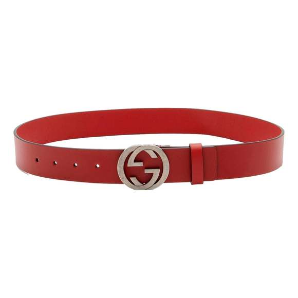 Gucci Interlocking Leather GG Buckle Antiqued Silver Tone Belt Rosso Red - Picture 1 of 5